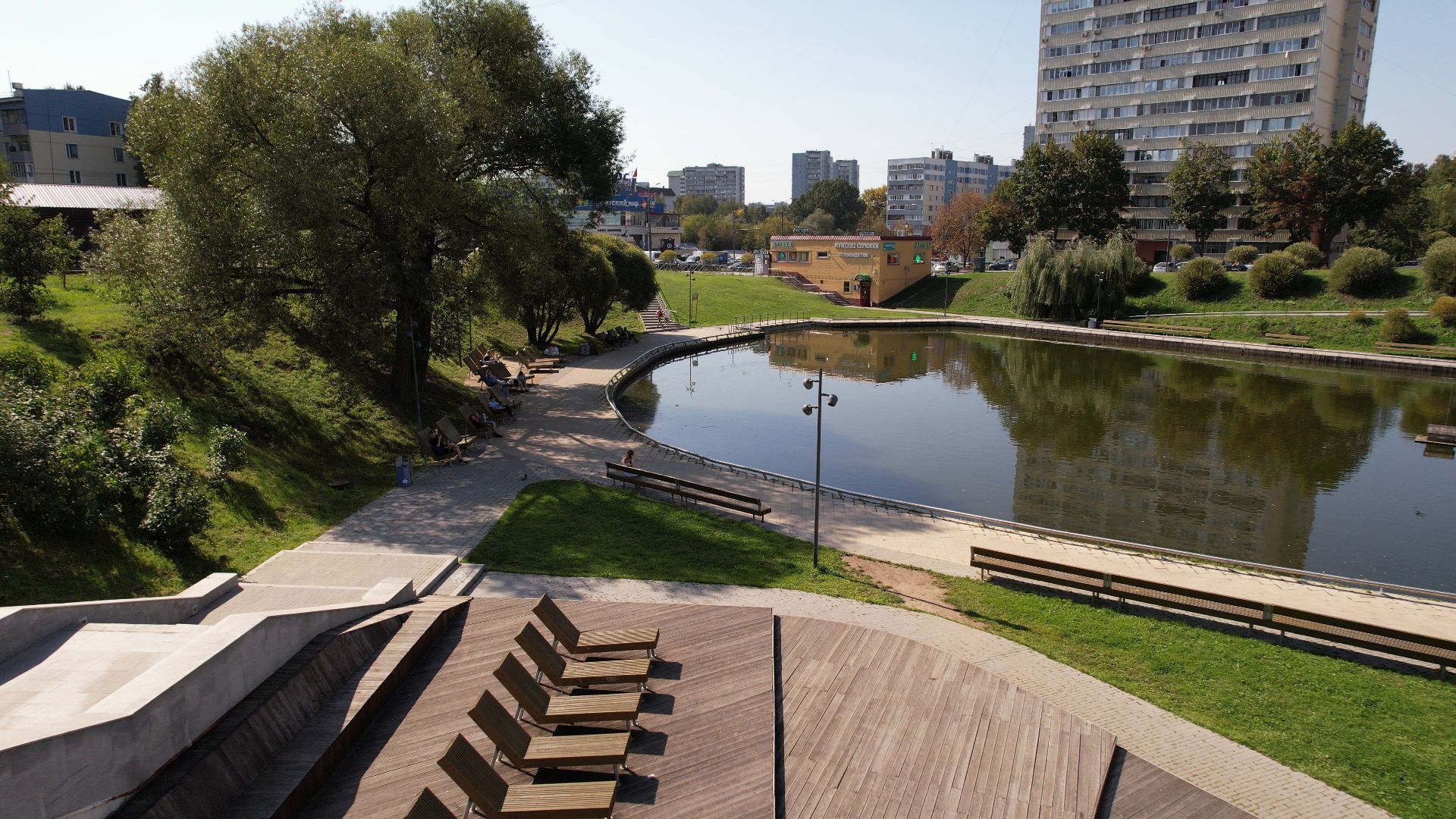 видное, благоустройство, пруд,видео с коптера,