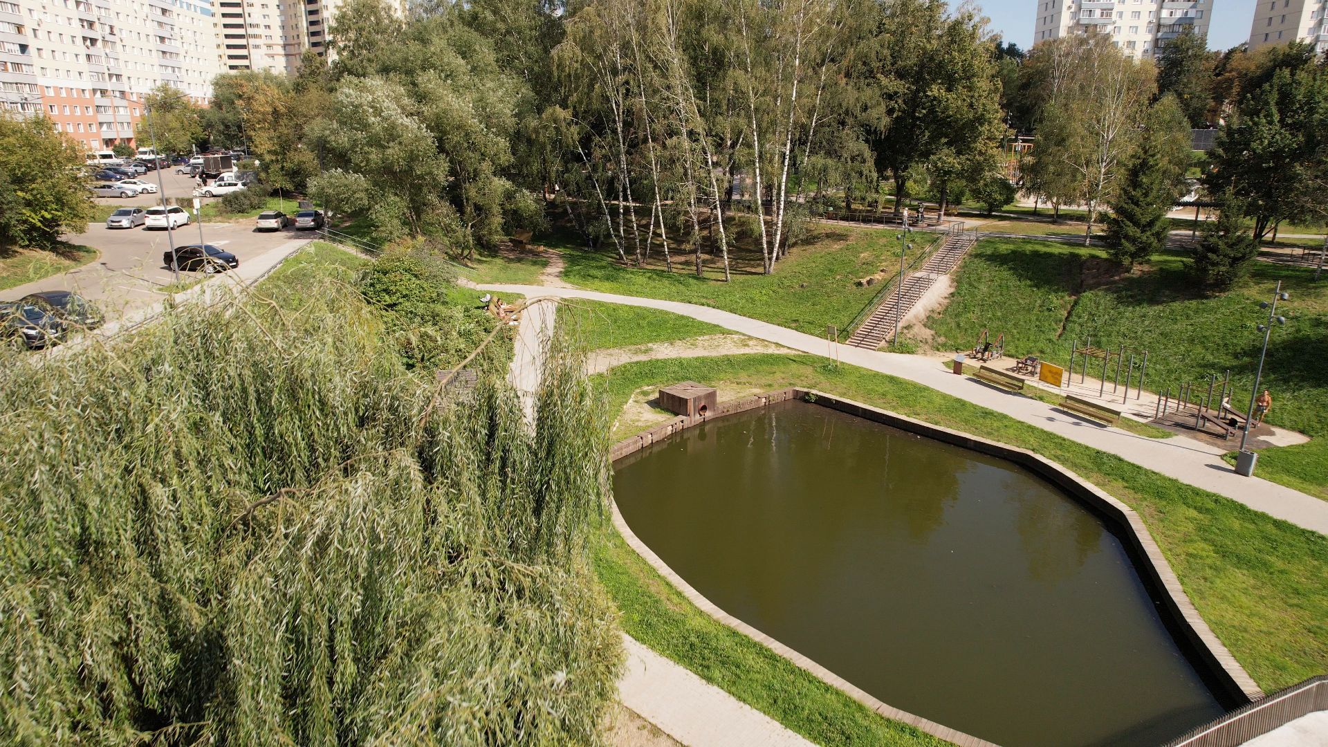 видное, благоустройство, пруд,видео с коптера,