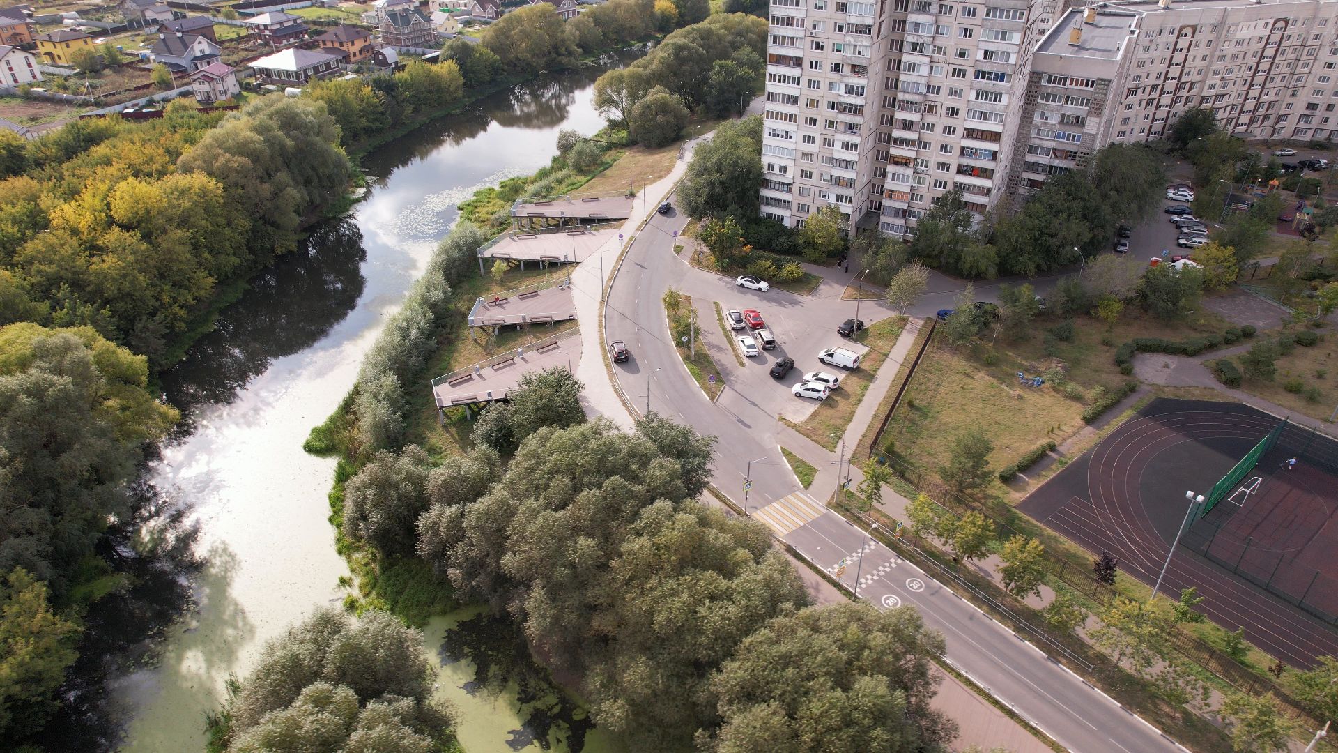 жуковский, благоустройство, набережная,видео с коптера,