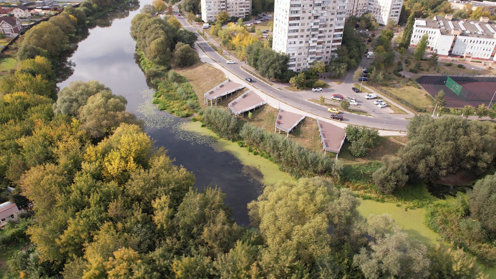 жуковский, благоустройство, набережная,видео с коптера,