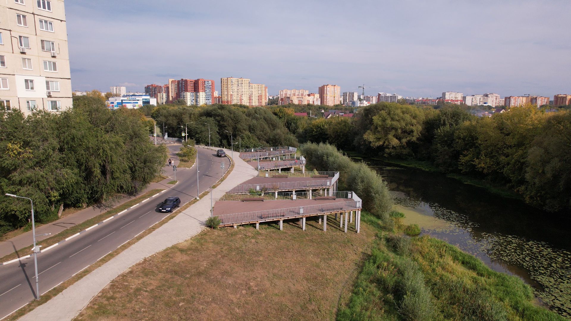 жуковский, благоустройство, набережная,видео с коптера,