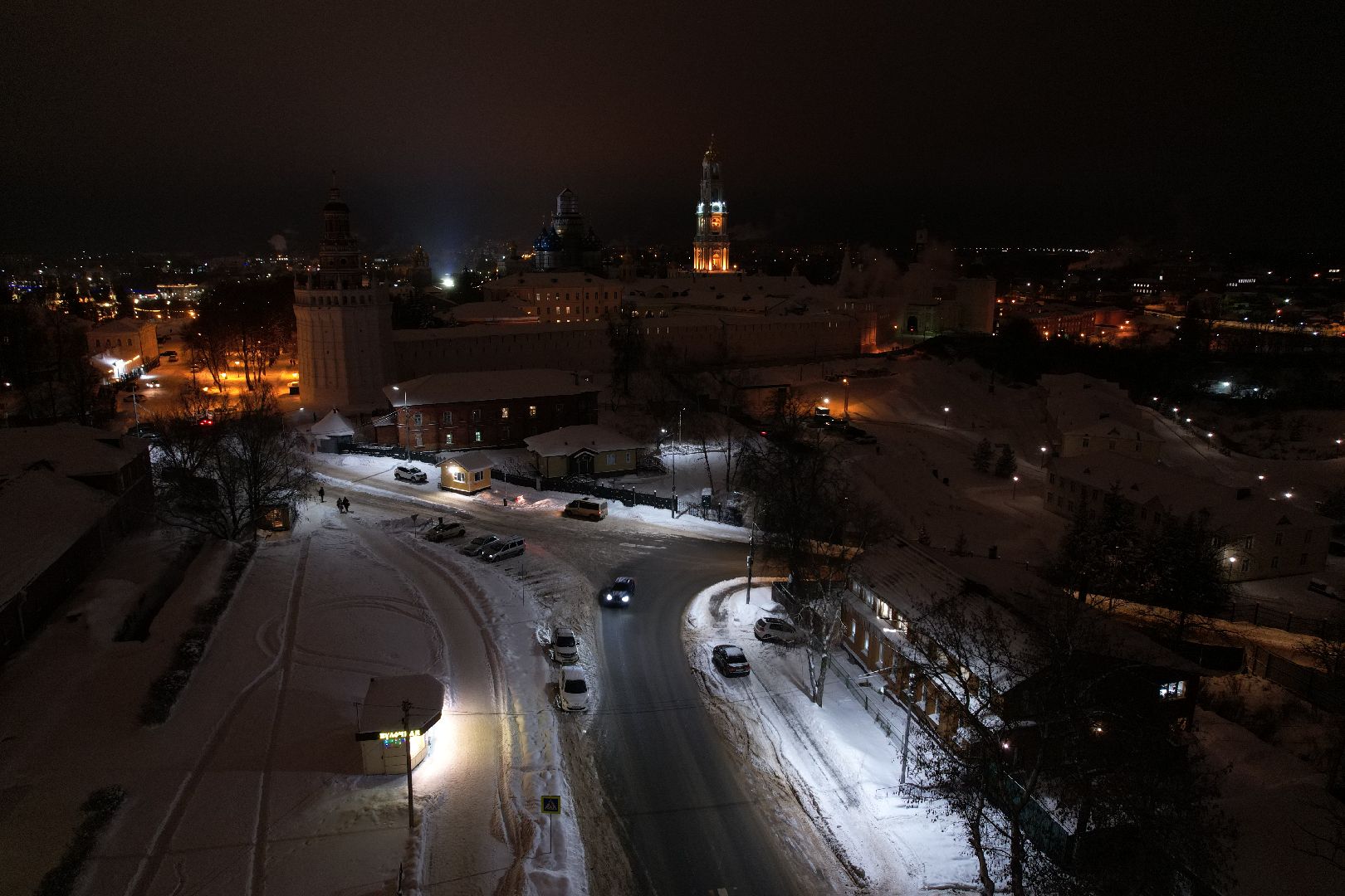 видео с коптера, сергиев посад, зима в подмосковье,