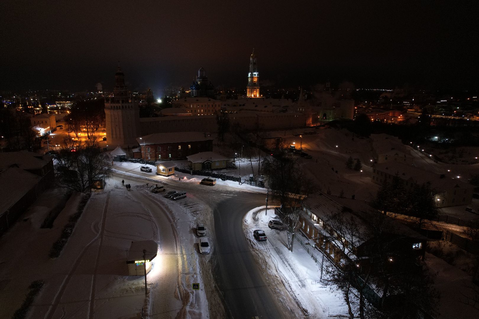 видео с коптера, сергиев посад, зима в подмосковье,