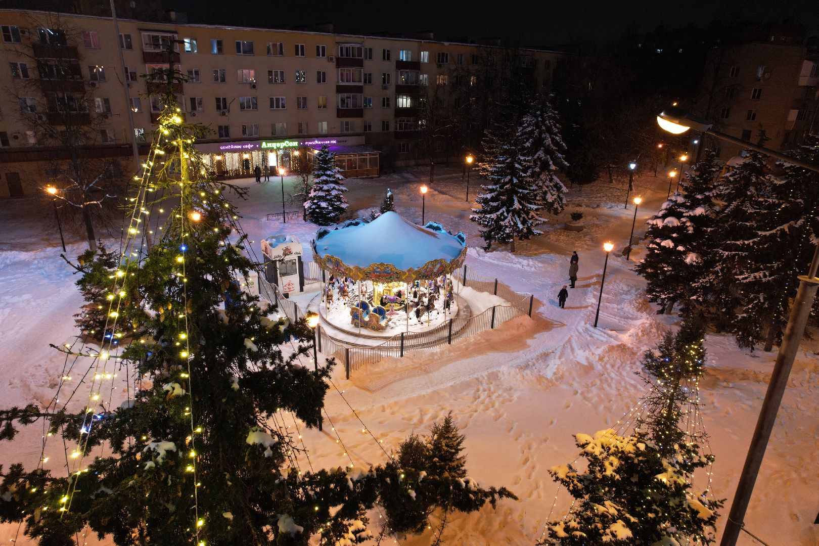 видео с коптера, зима, парк, сквер,