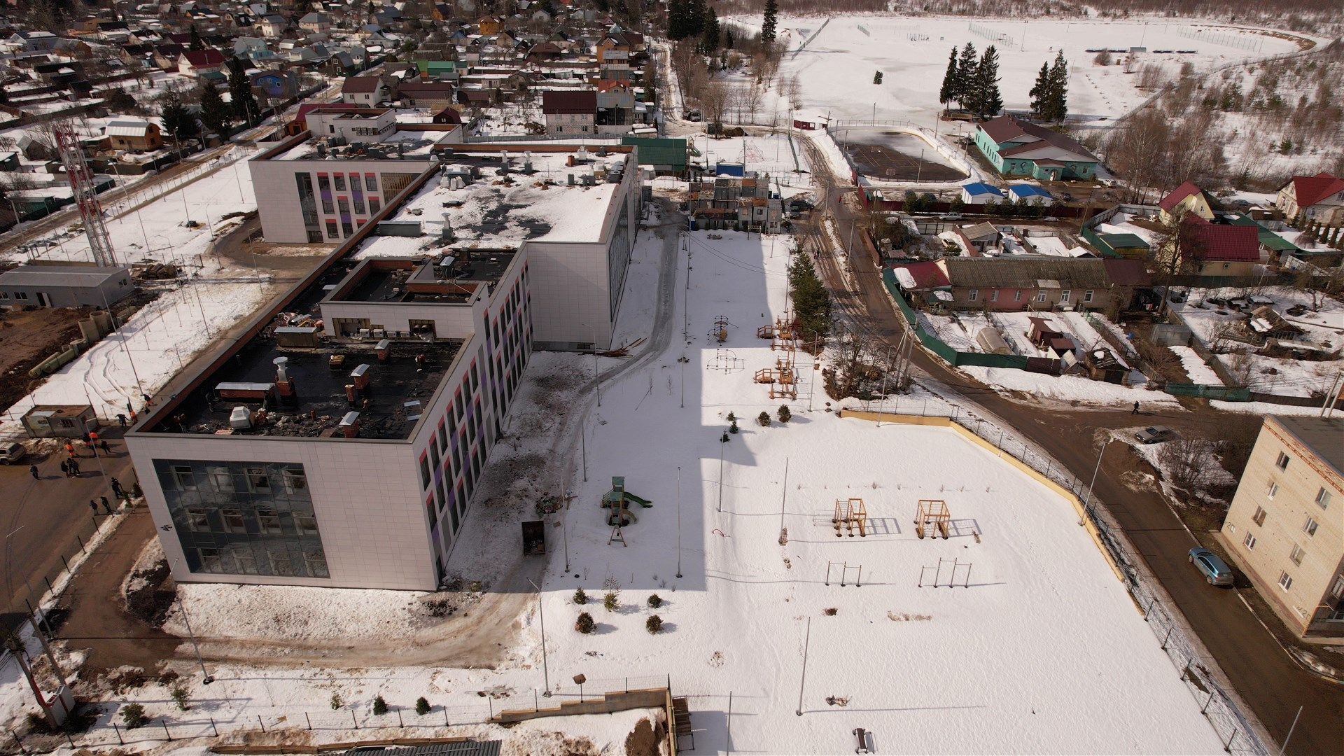 видео с коптера, руза, строительство, школа,