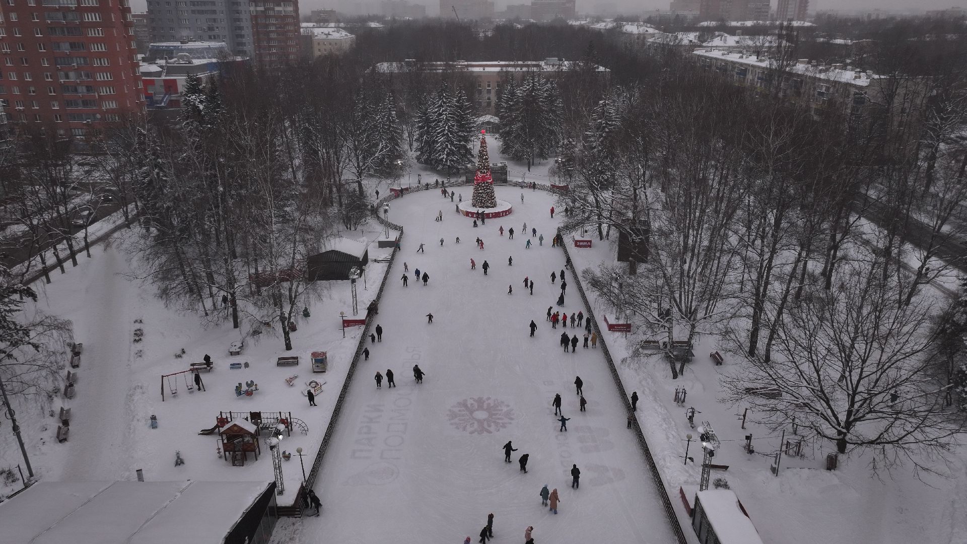 видео с коптера, химки, благоустройство, зима в подмосковье,