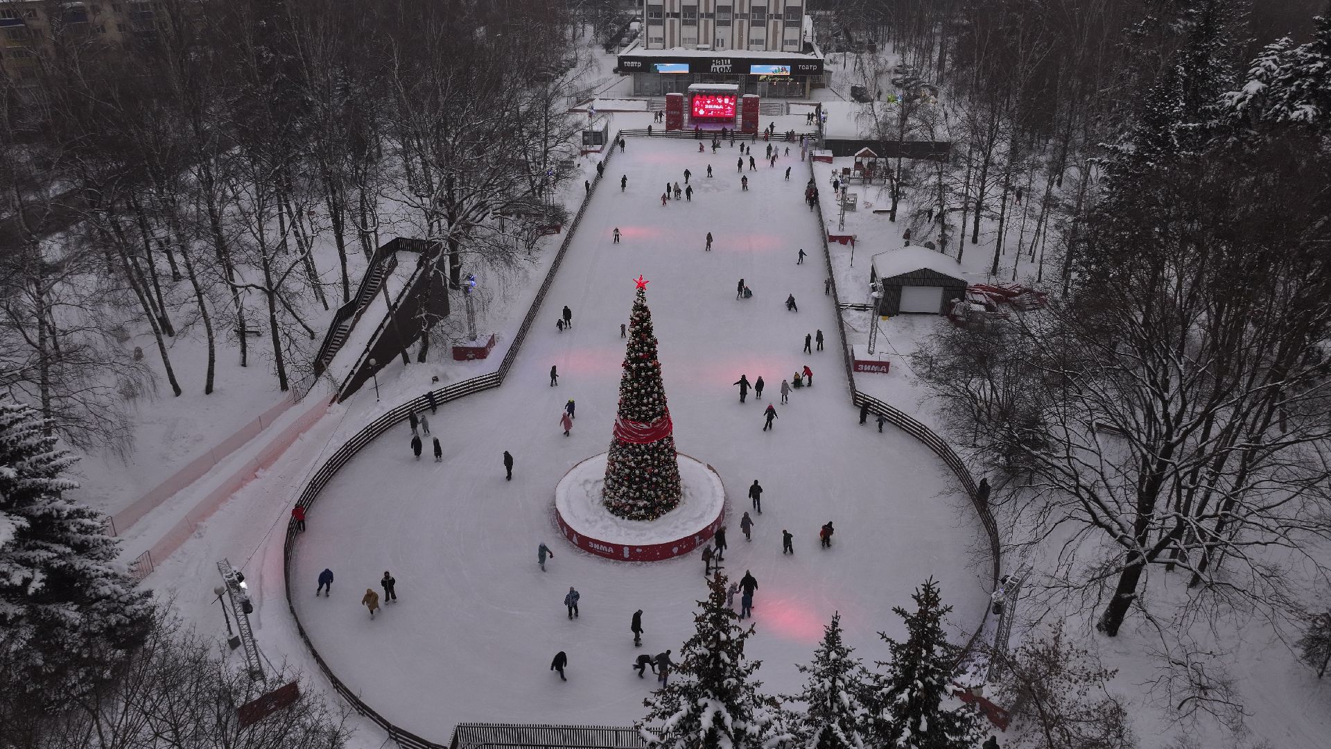 видео с коптера, химки, благоустройство, зима в подмосковье,