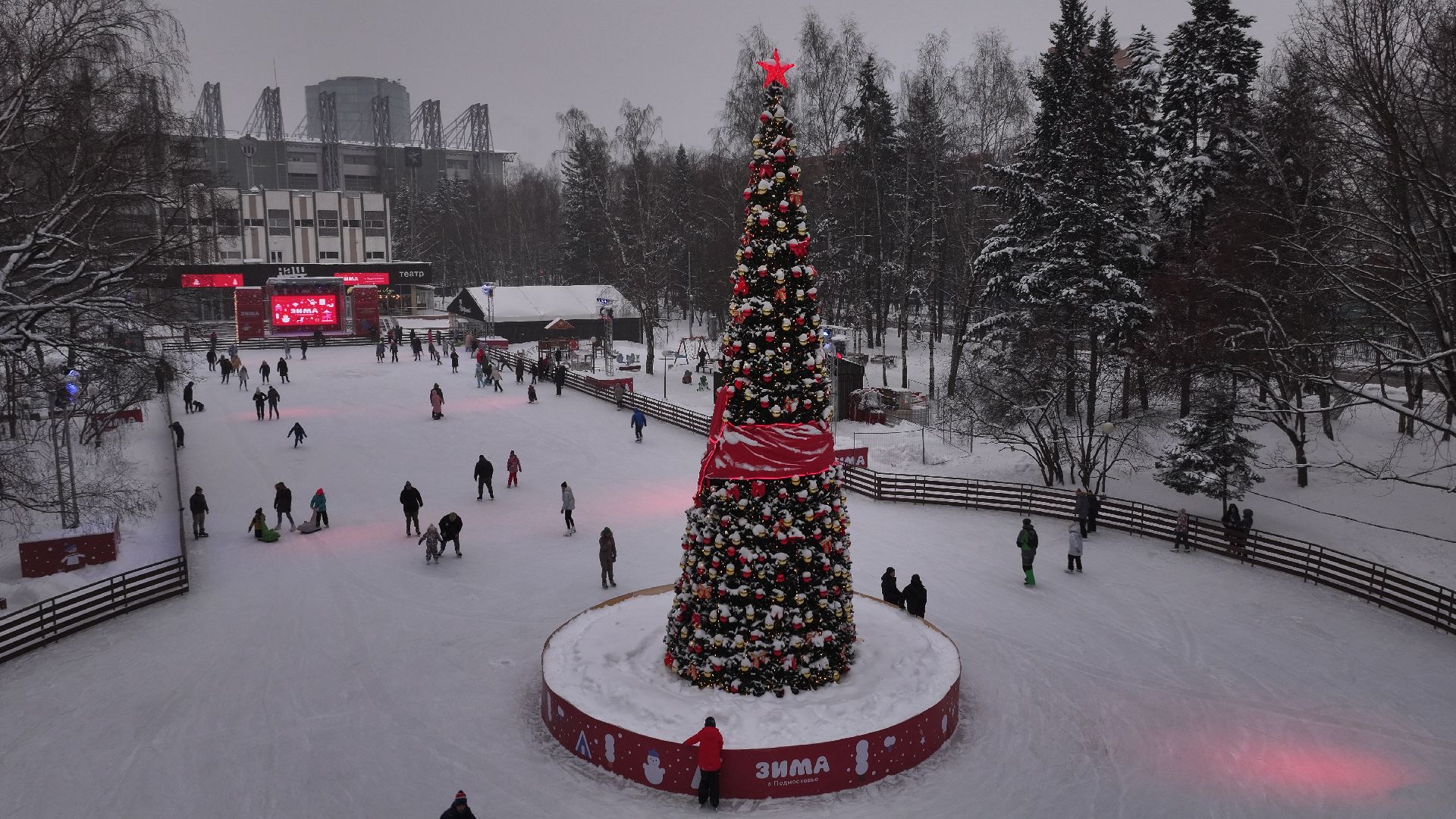 видео с коптера, химки, благоустройство, зима в подмосковье,