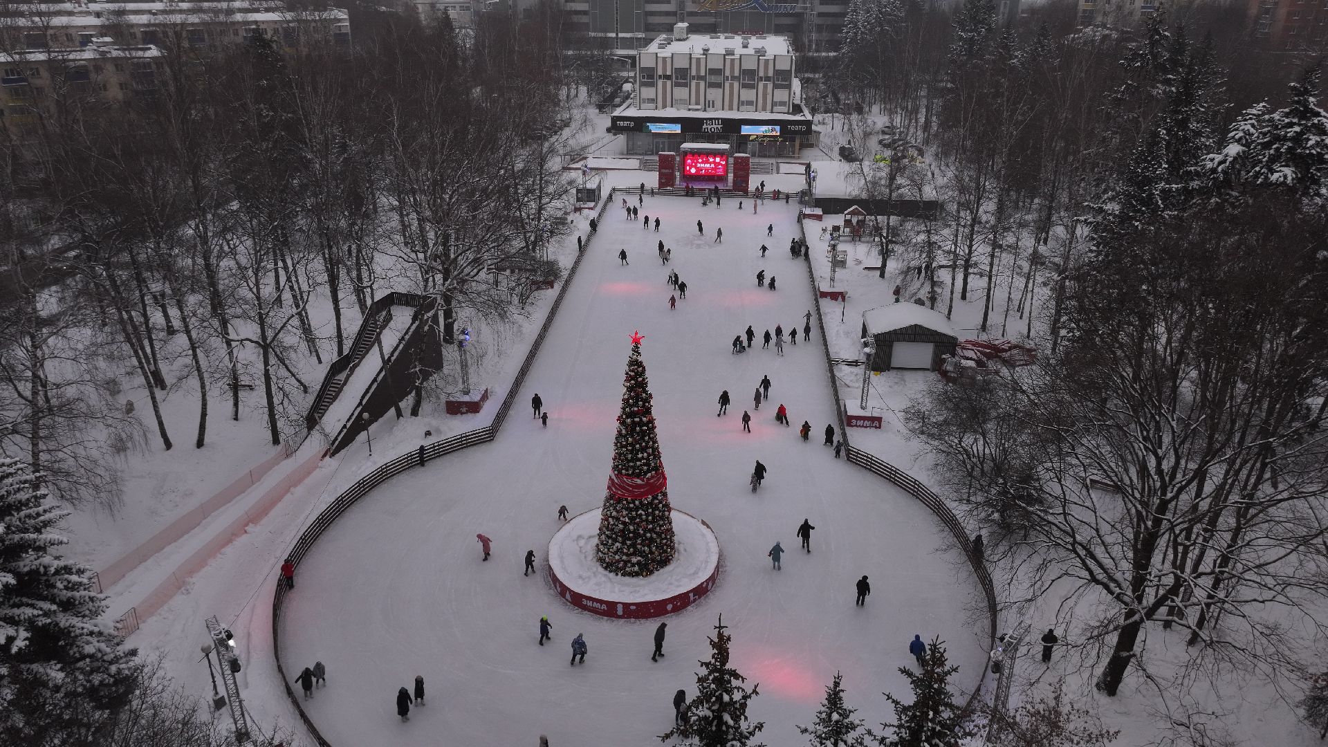 видео с коптера, химки, благоустройство, зима в подмосковье,