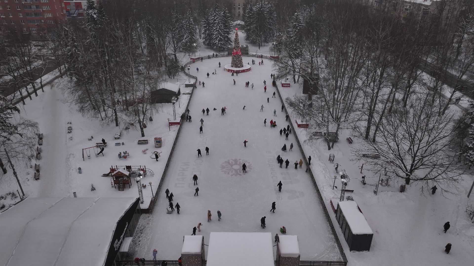 видео с коптера, химки, благоустройство, зима в подмосковье,