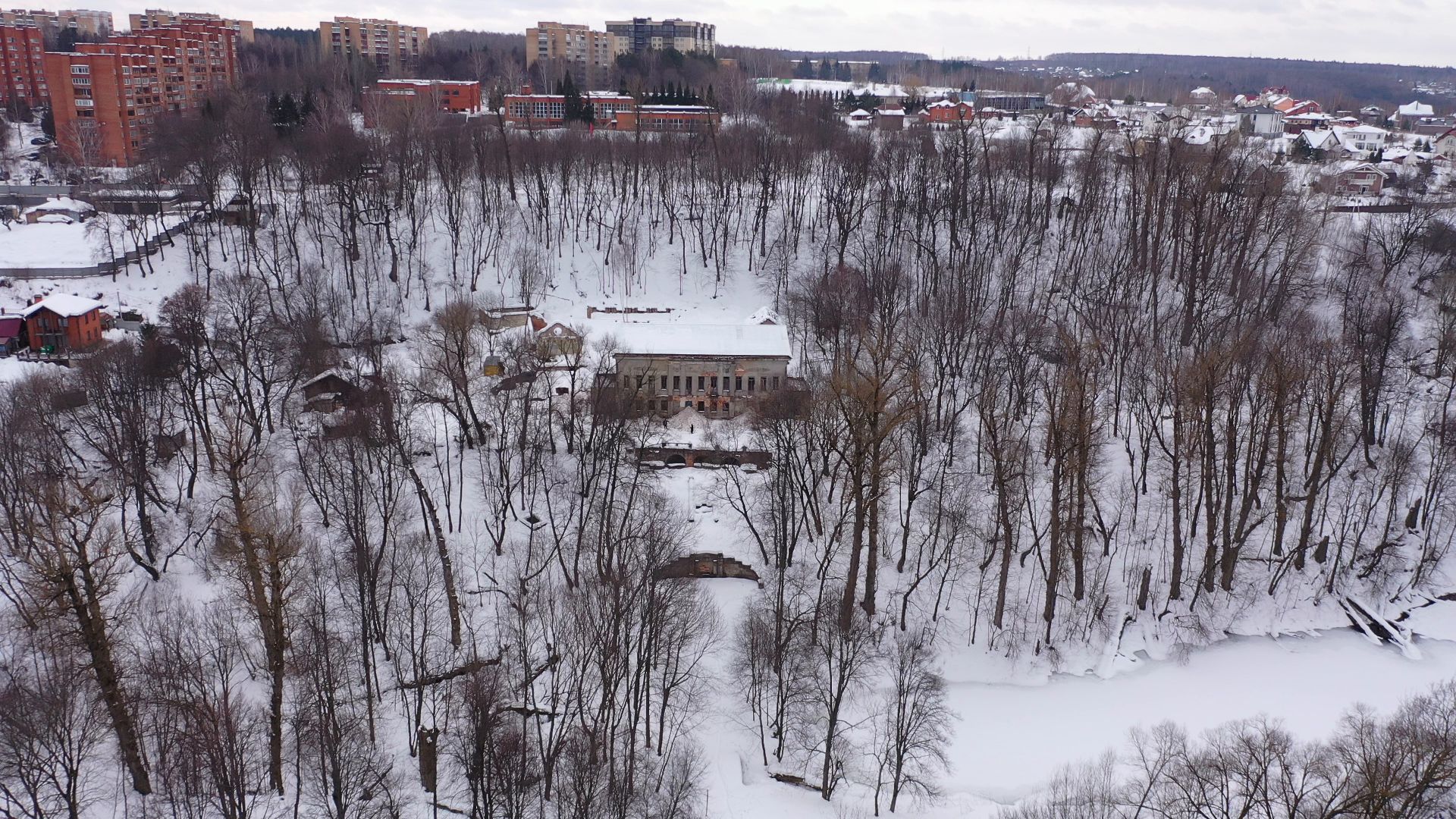 видео с коптера, пущино, усадьба, реставрация,