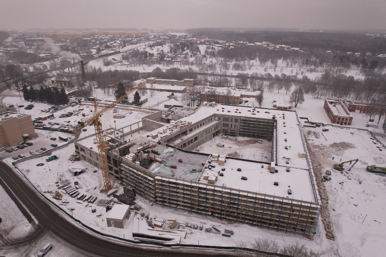 видео с коптера, школа, строительство,