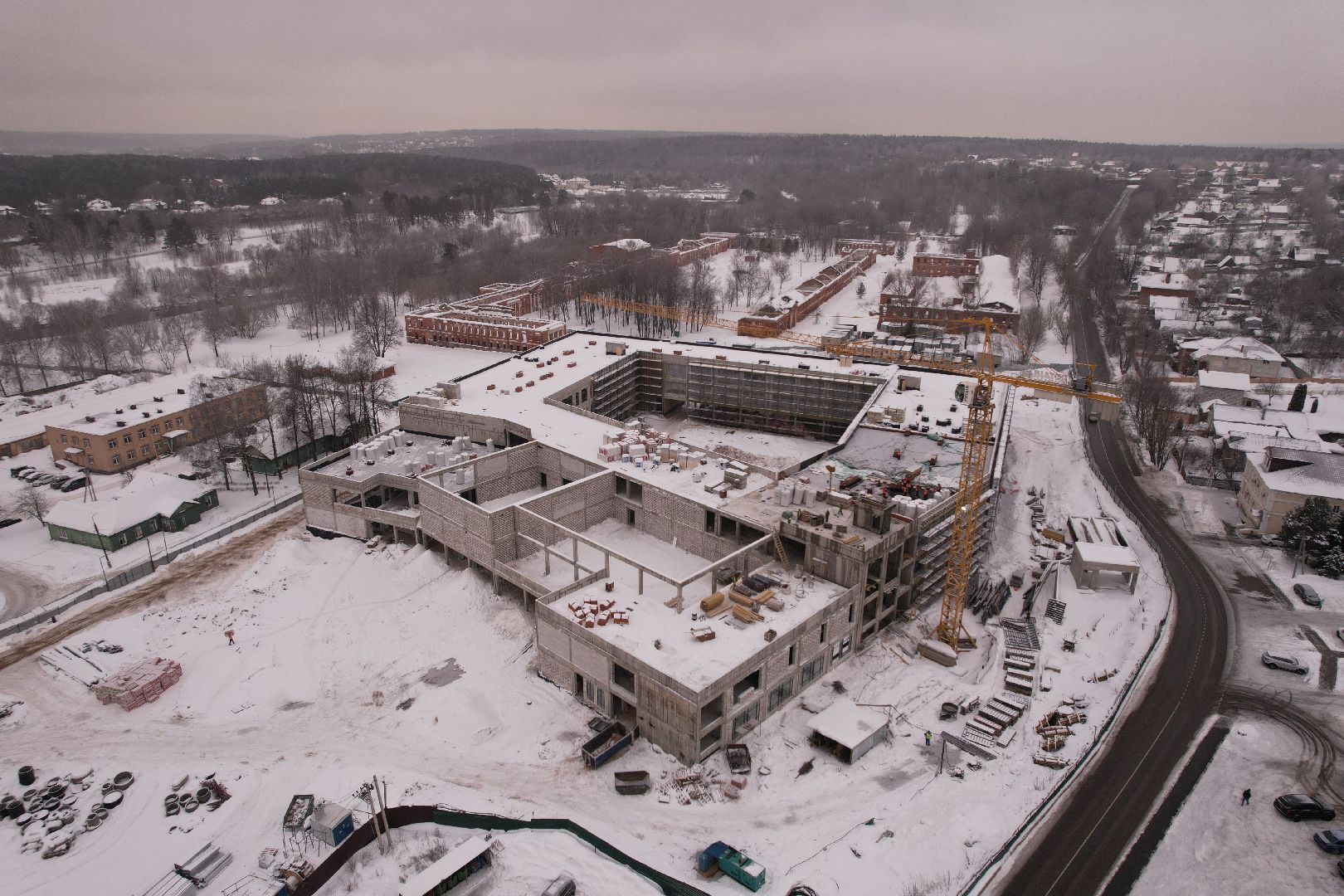 видео с коптера, школа, строительство,