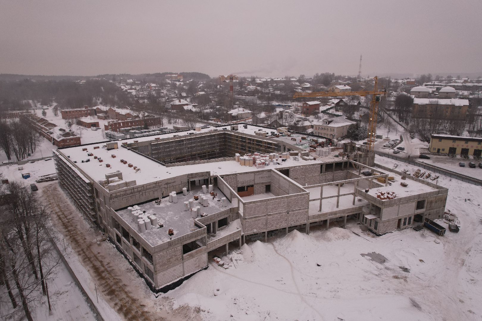 видео с коптера, школа, строительство,