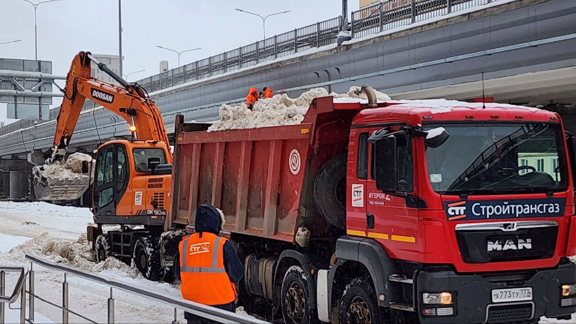 Люберцы, эстакада на Октябрьском проспекте в Люберцах, уборка снега,