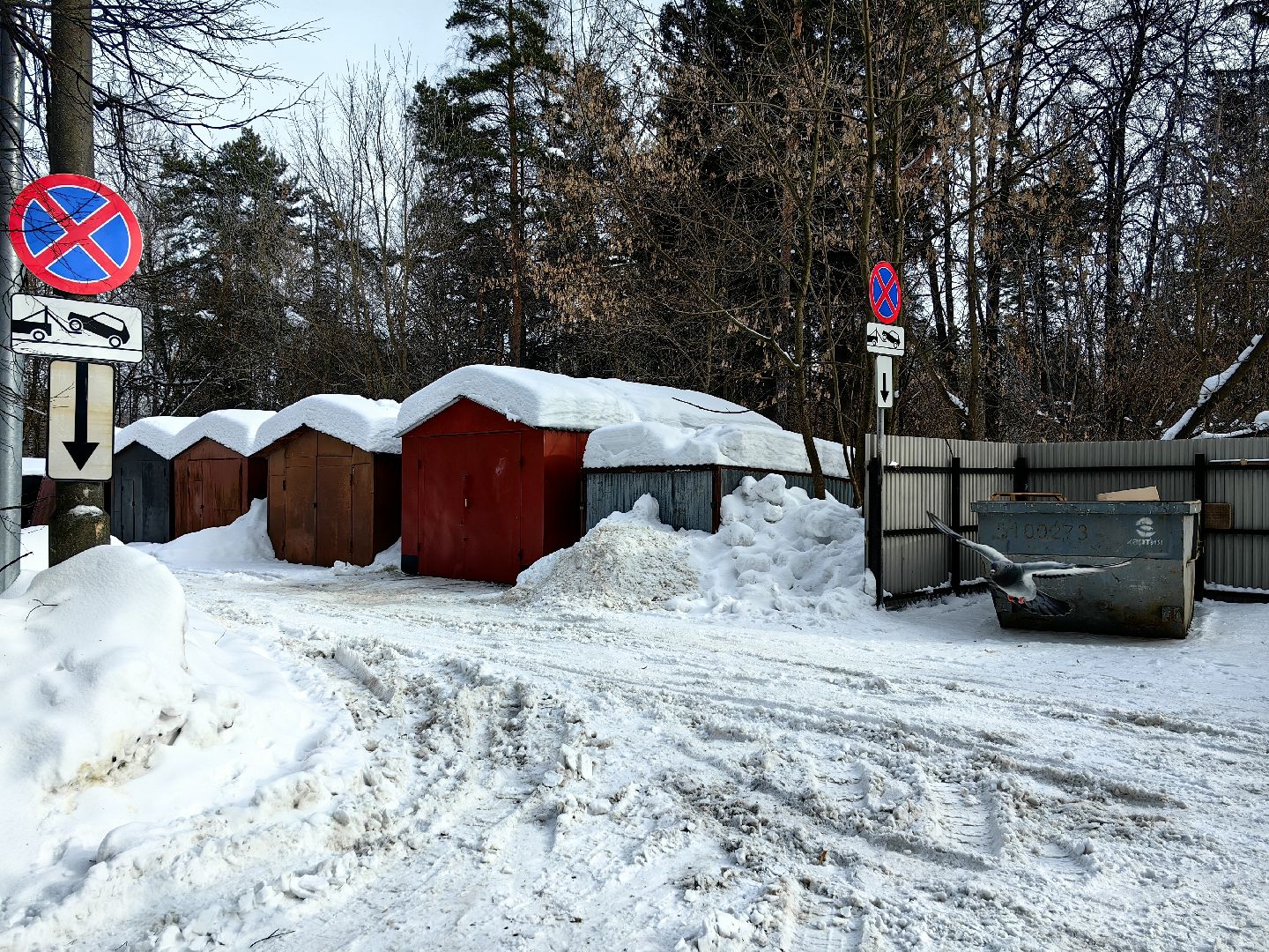 контейнерная площадка, мусоровоз, дорожные знаки, Остановка запрещена,