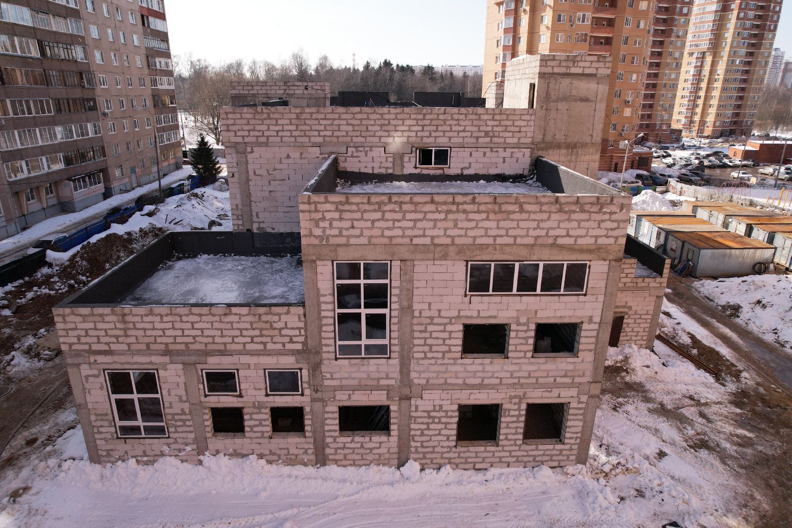 видео с коптера, лобня, строительство, детский сад,