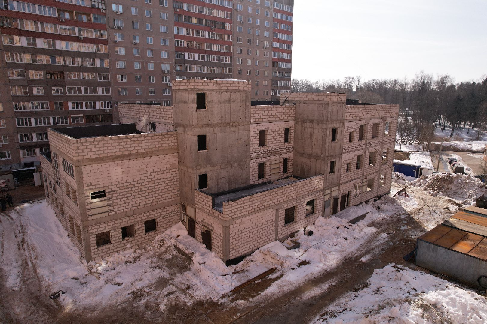 видео с коптера, лобня, строительство, детский сад,