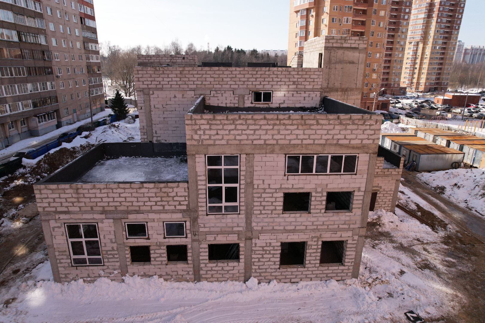 видео с коптера, лобня, строительство, детский сад,