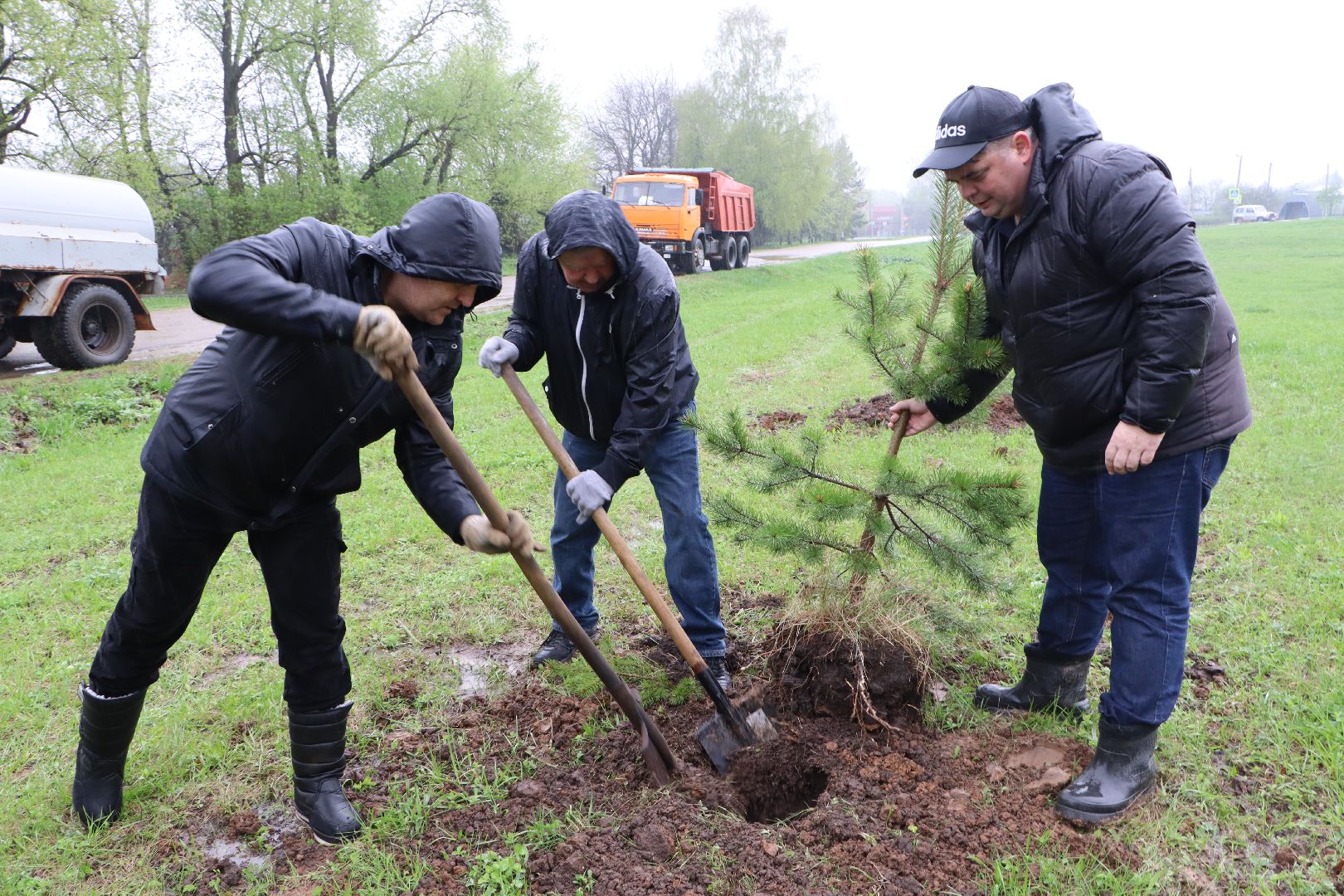 Серебряные Пруды, сквер к 100-летию Серебряно-Прудского района, сосны, посадка деревьев, день добрых дел, общеобластной субботник,