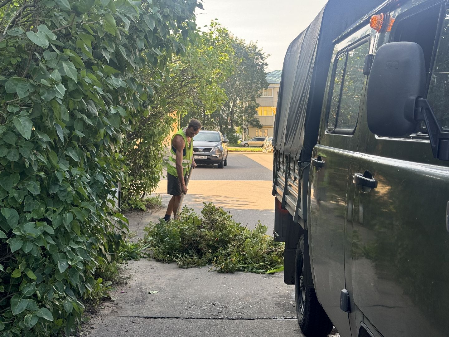 шаховская, коммунальная служба, обрезка кустов,