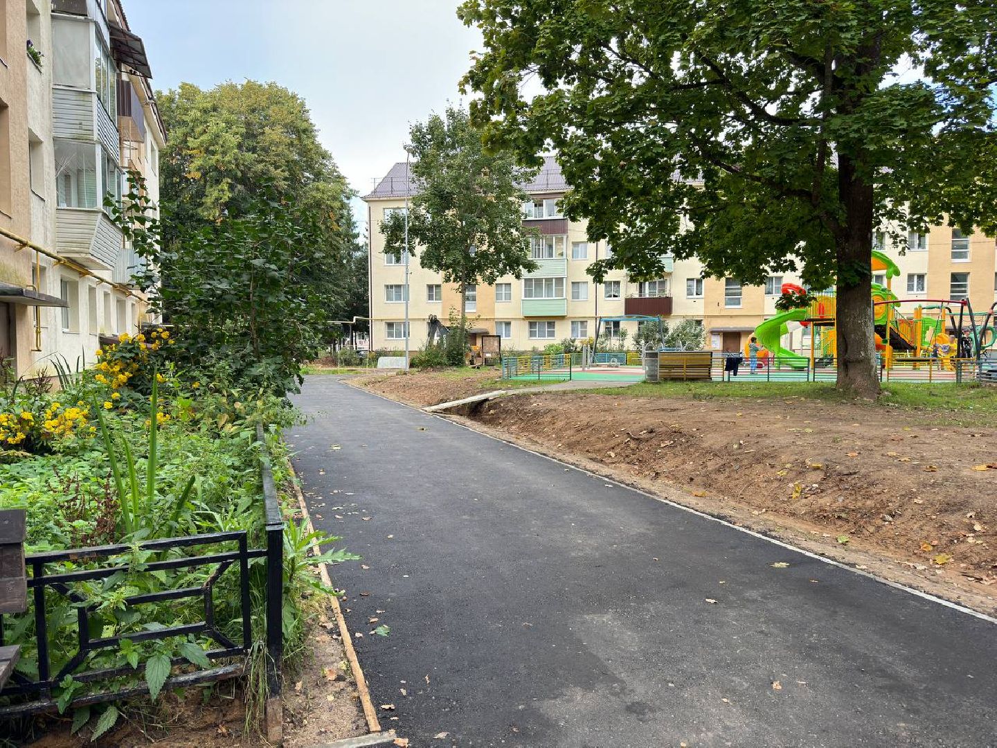 благоустройство двора, комплексное благоустройство, городской округ Восход, бригада рабочих, новый асфальт,