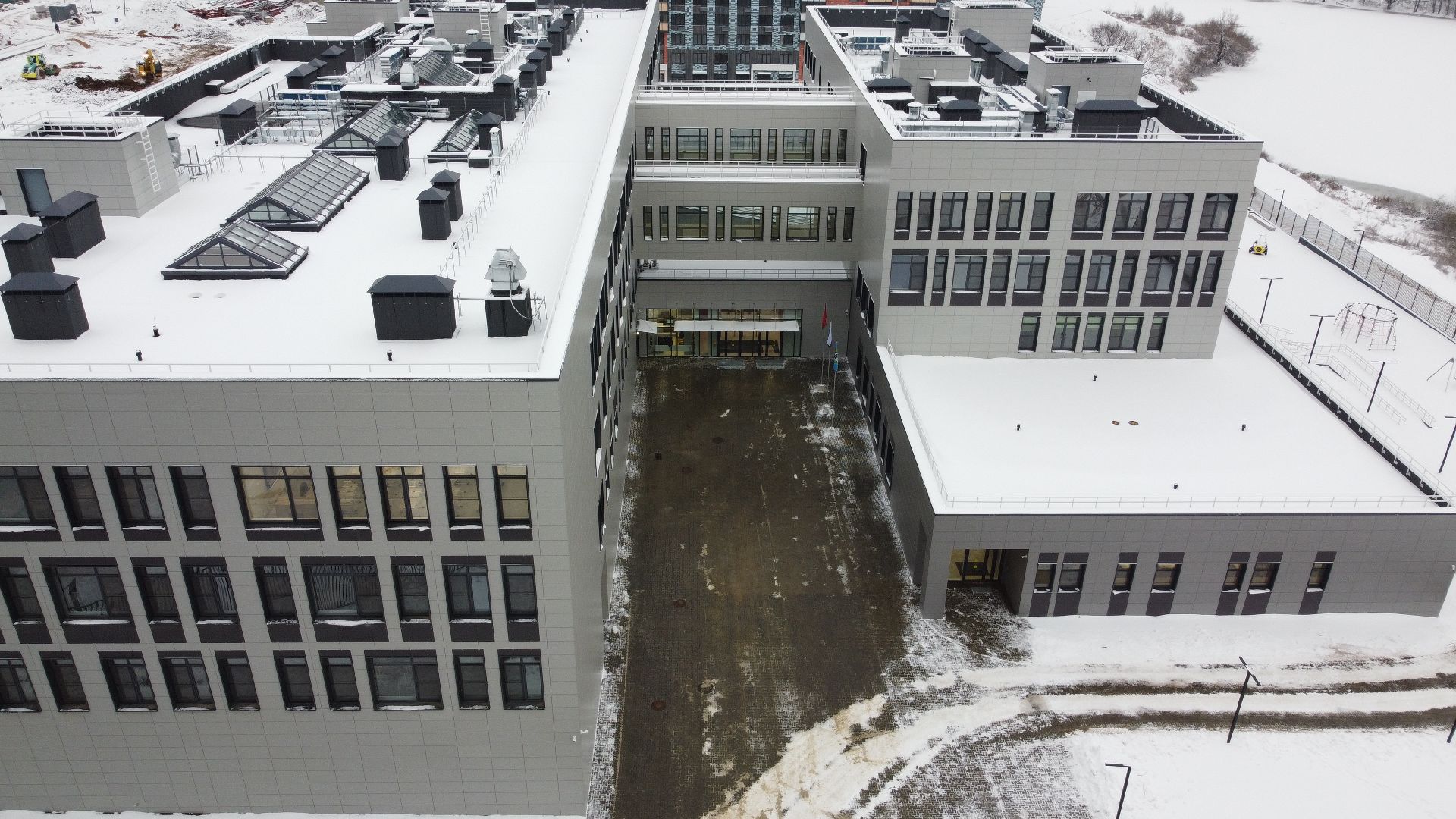 видео с коптера, школа, строительство,