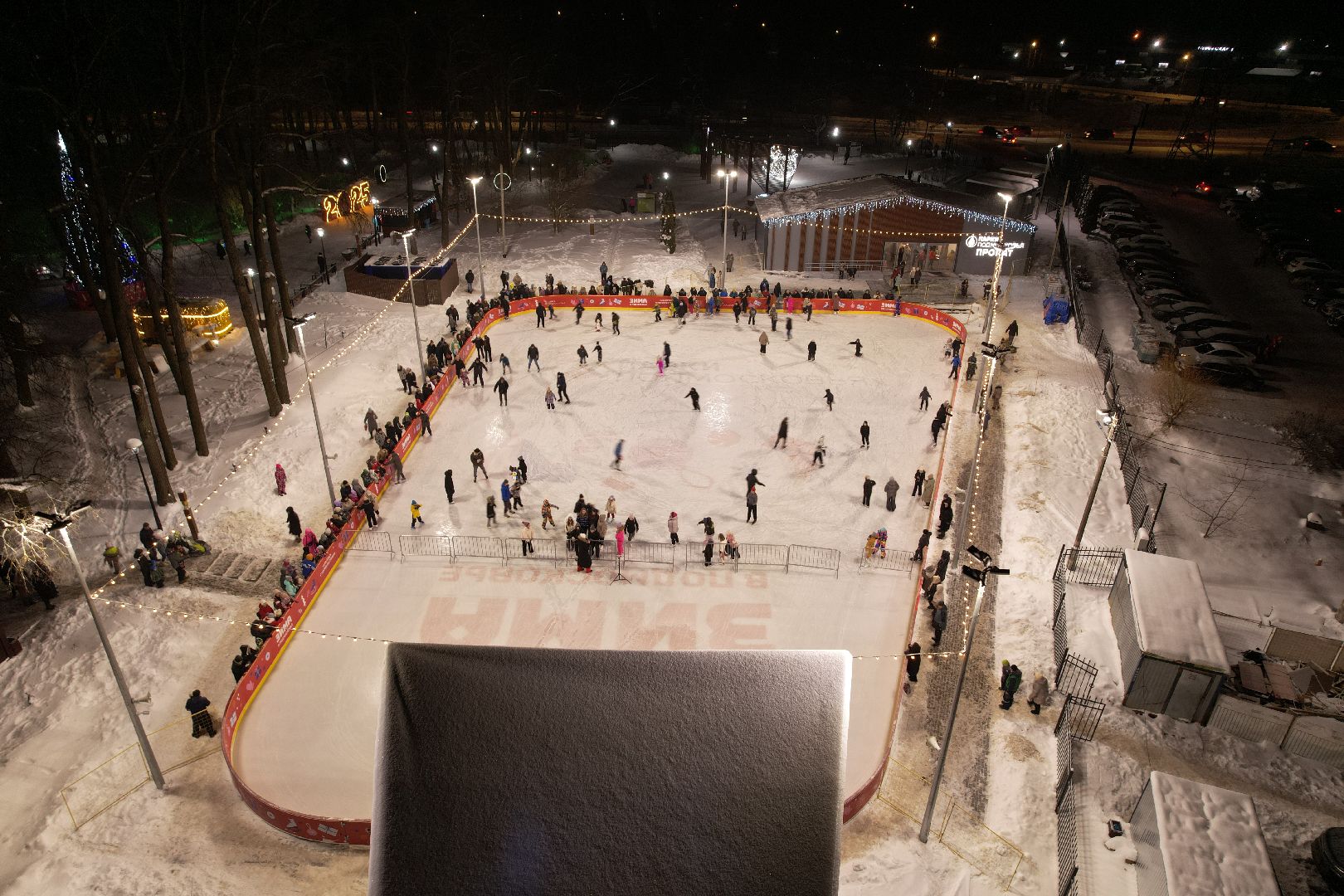 видео с коптера, каток, зима в подмосковье,