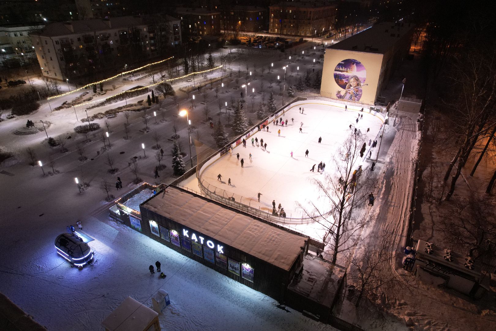 видео с коптера, зима в подмосковье, каток, королёв,