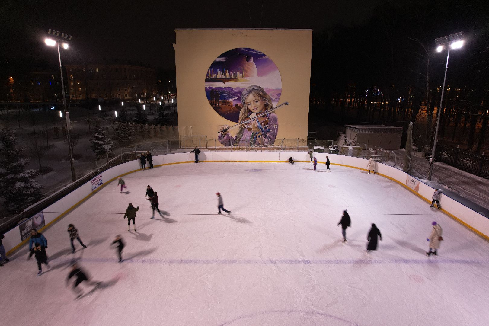 видео с коптера, зима в подмосковье, каток, королёв,