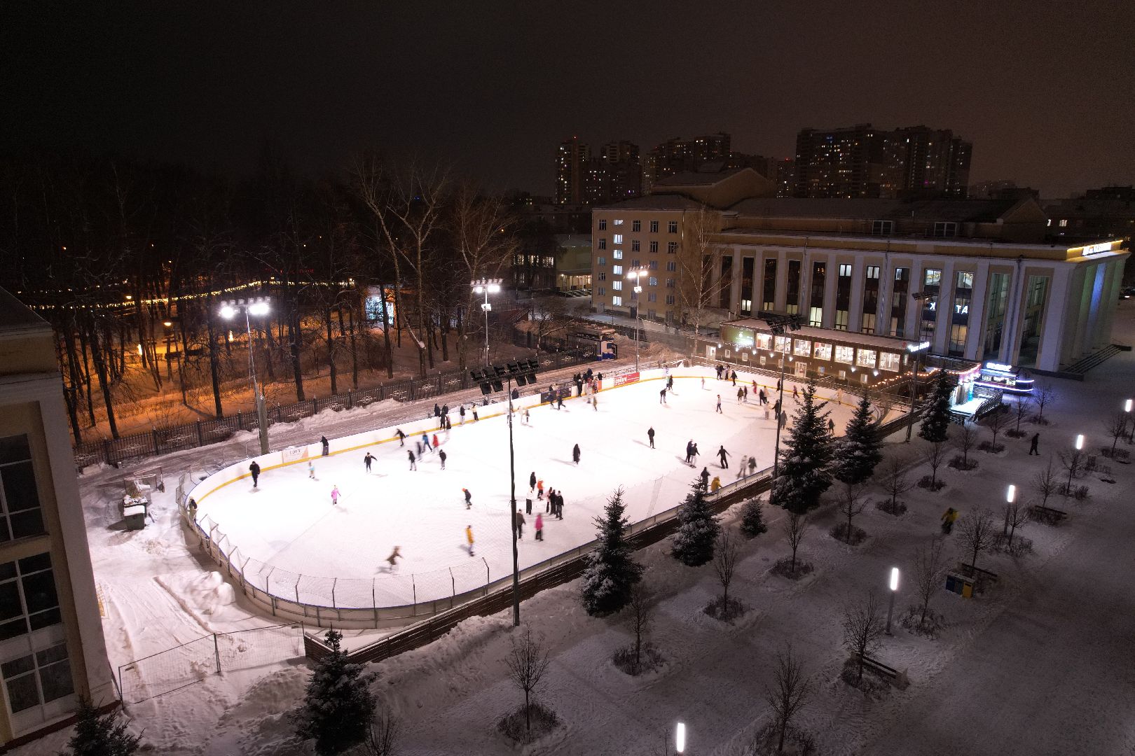 видео с коптера, зима в подмосковье, каток, королёв,