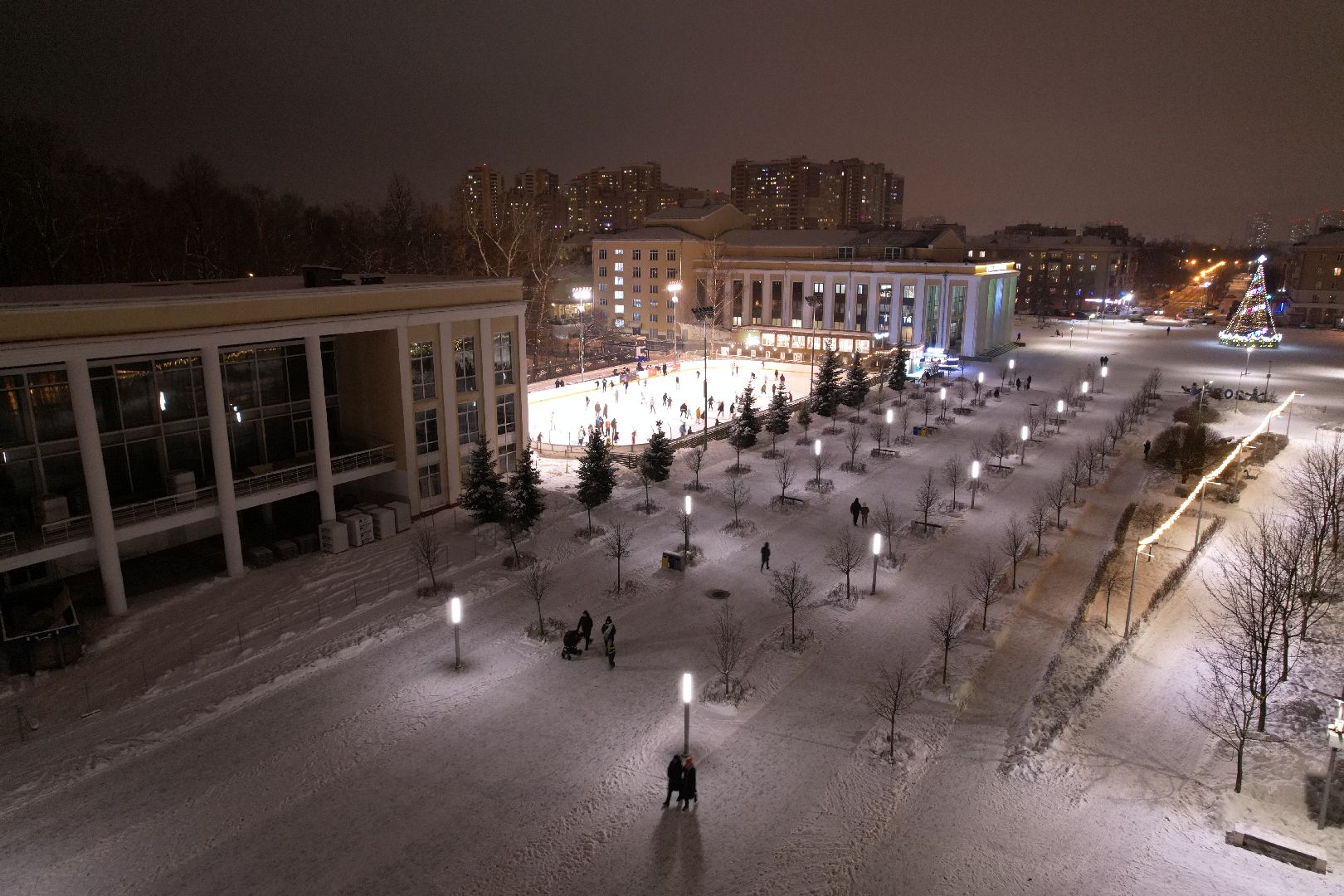 видео с коптера, зима в подмосковье, каток, королёв,