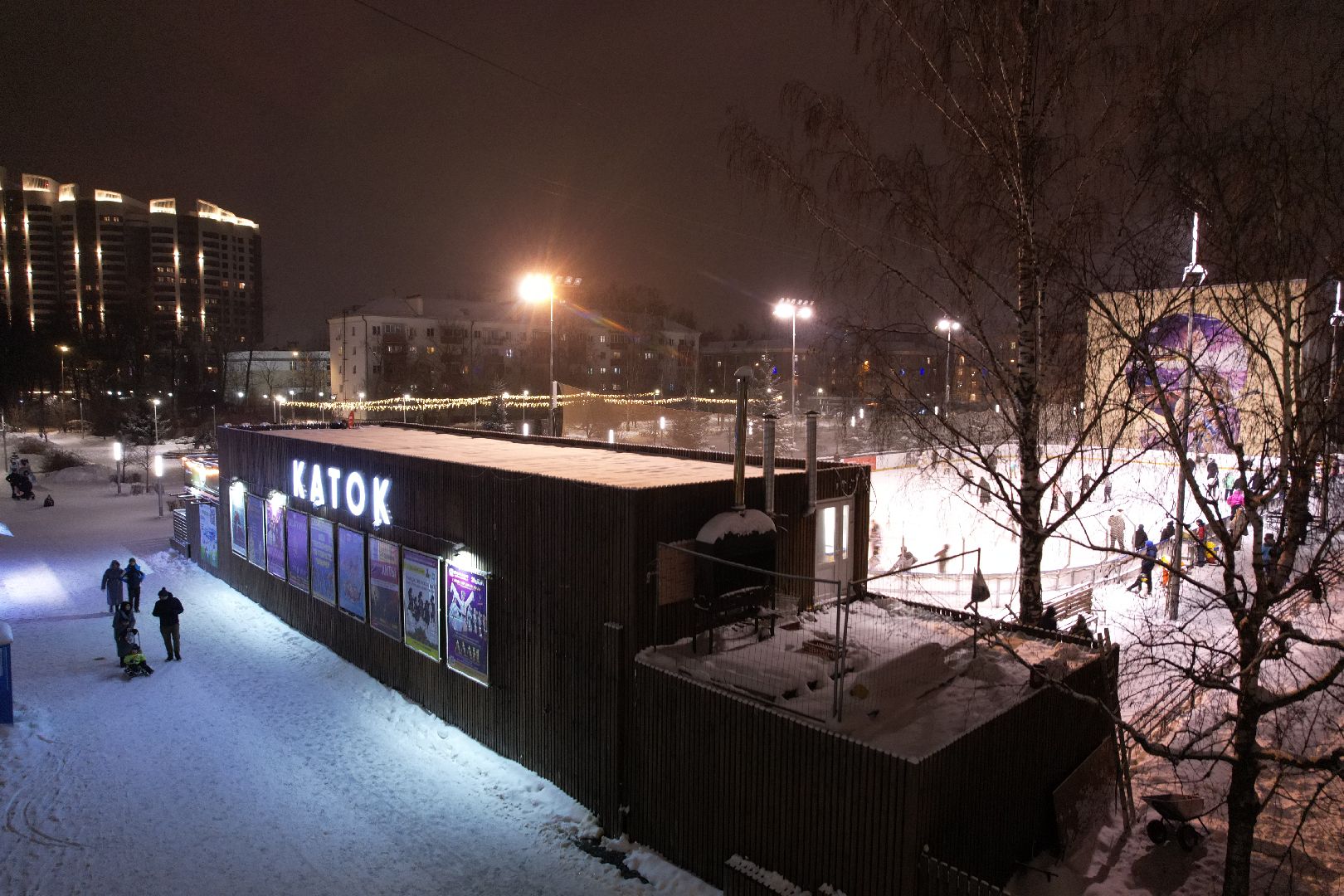 видео с коптера, зима в подмосковье, каток, королёв,