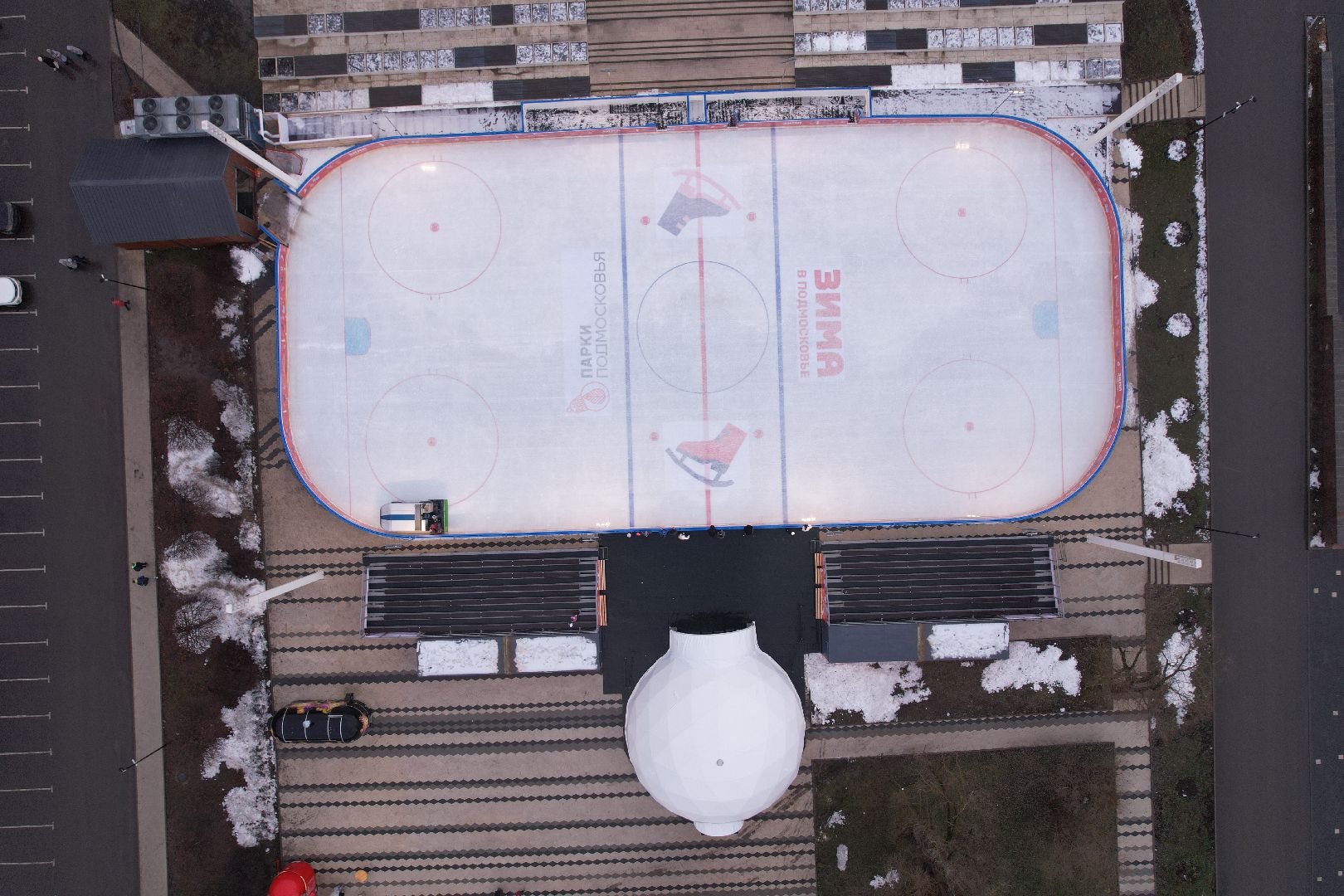 видео с коптера, мытищи, каток, зима в подмосковье,