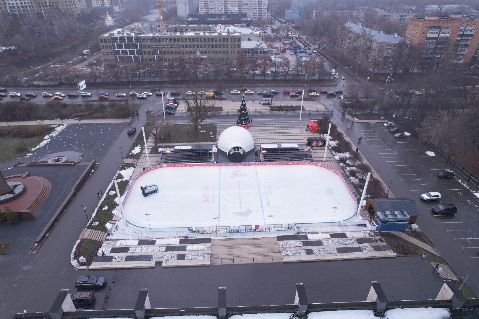 видео с коптера, мытищи, каток, зима в подмосковье,