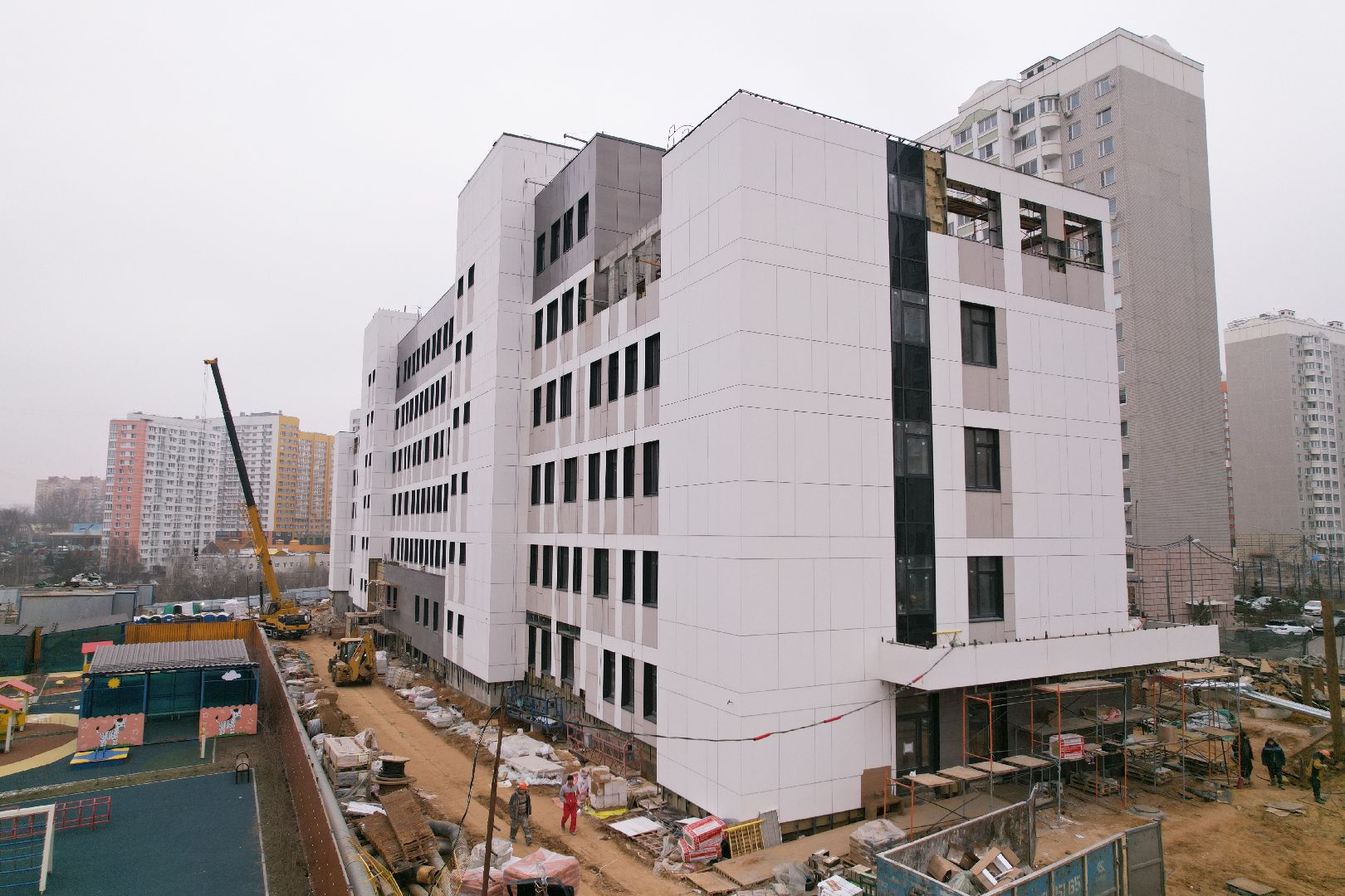 видео с коптера, видное, поликлиника, строительство,