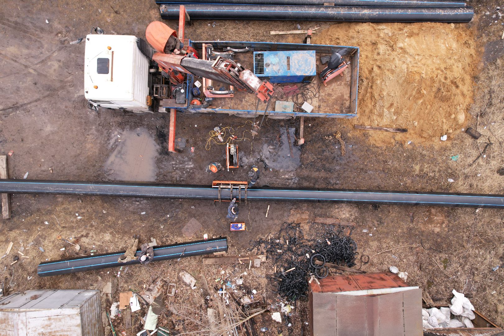 ремонт напорной канализационной сети, видео с коптера, кашира ремонт трубопровода,