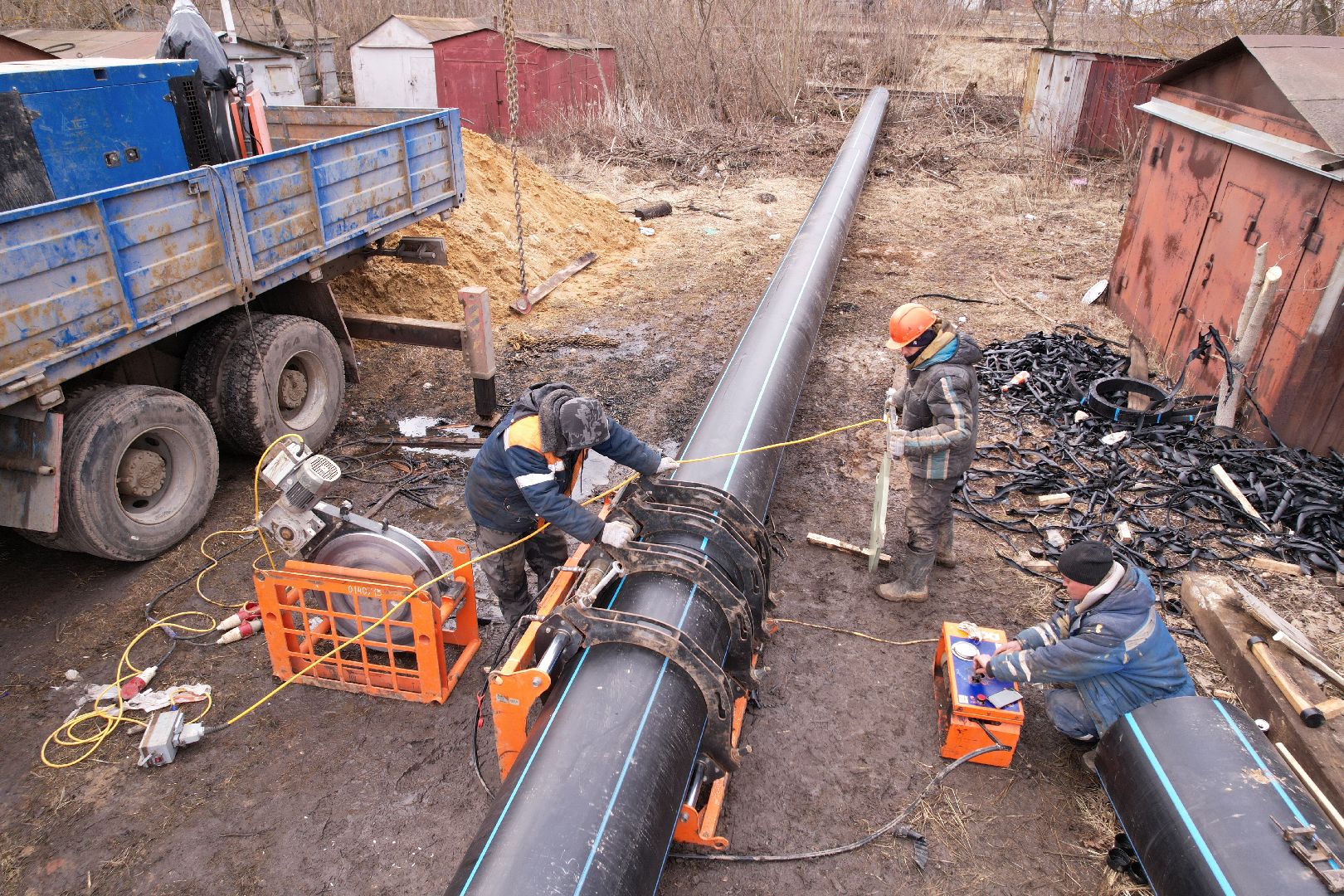 ремонт напорной канализационной сети, видео с коптера, кашира ремонт трубопровода,