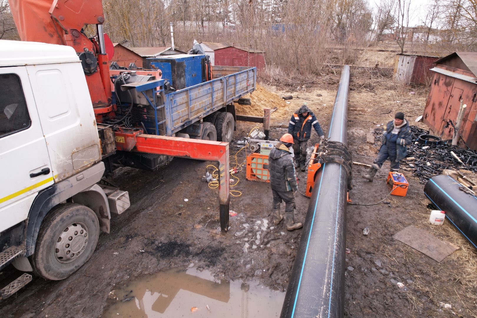 ремонт напорной канализационной сети, видео с коптера, кашира ремонт трубопровода,
