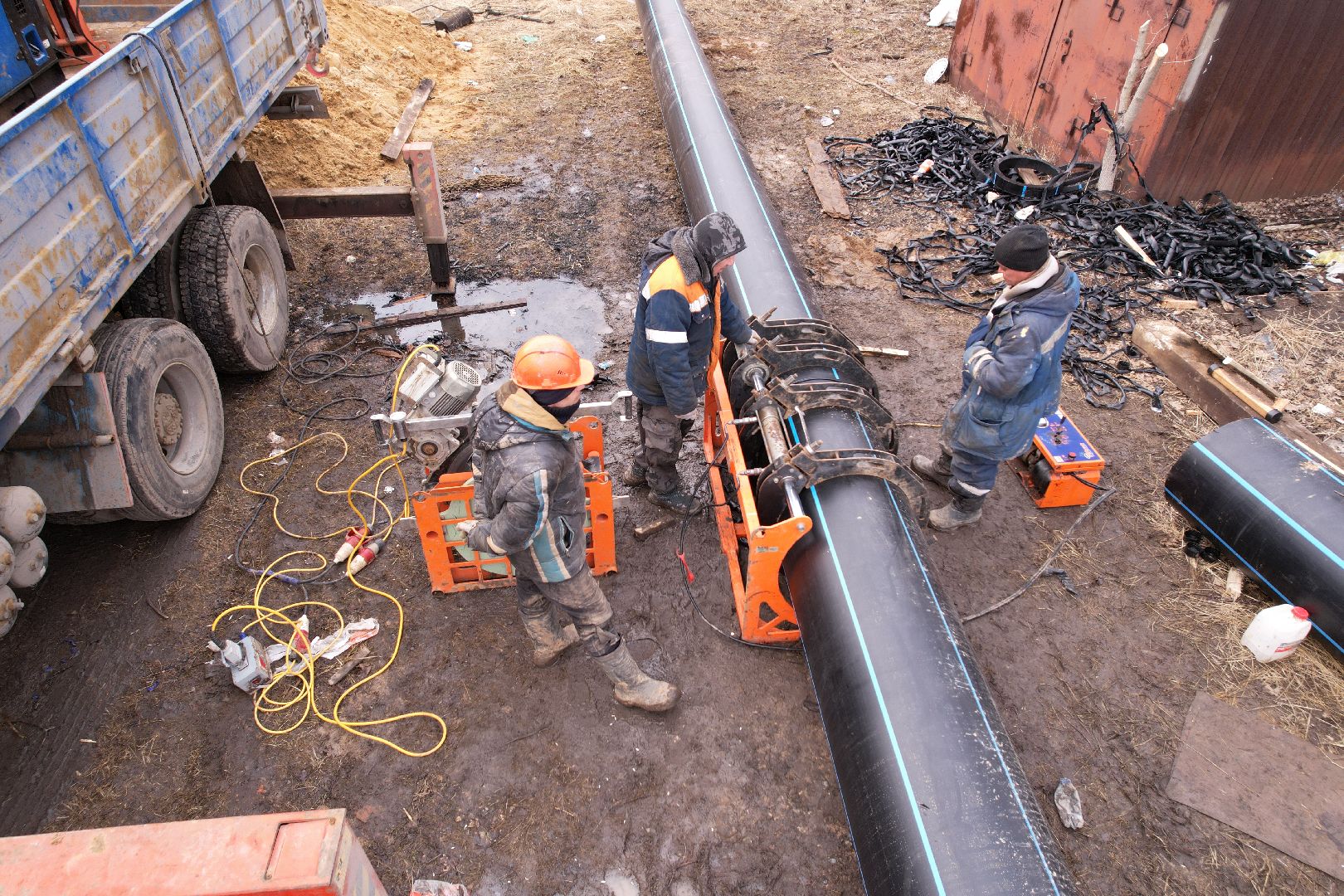 ремонт напорной канализационной сети, видео с коптера, кашира ремонт трубопровода,