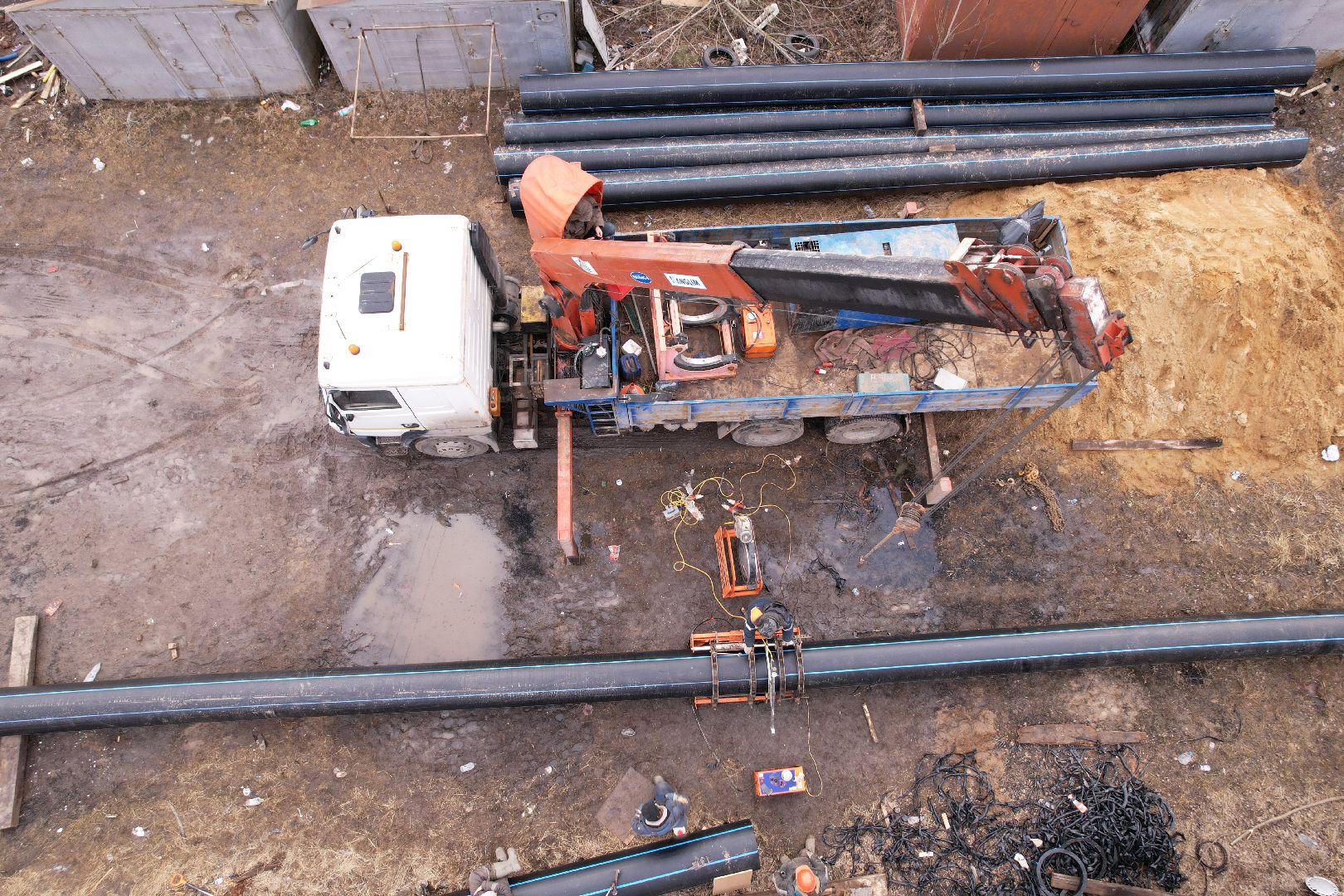 ремонт напорной канализационной сети, видео с коптера, кашира ремонт трубопровода,