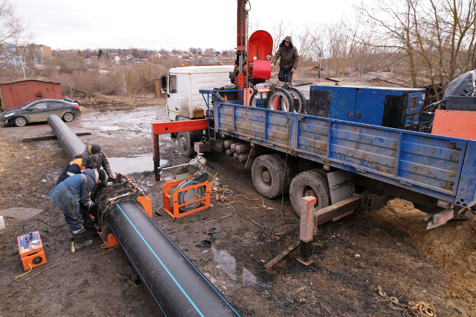 ремонт напорной канализационной сети, видео с коптера, кашира ремонт трубопровода,