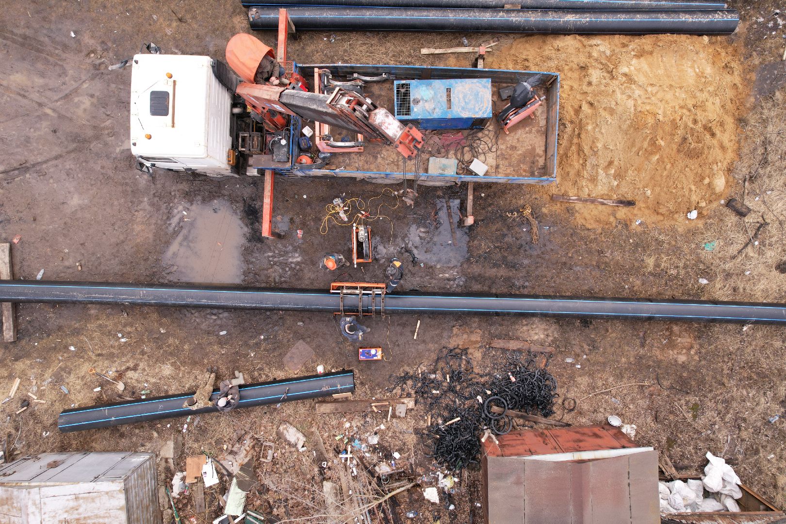 ремонт напорной канализационной сети, видео с коптера, кашира ремонт трубопровода,