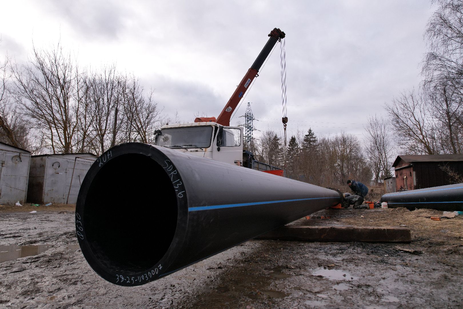 ремонт напорной канализационной сети, видео с коптера, кашира ремонт трубопровода,