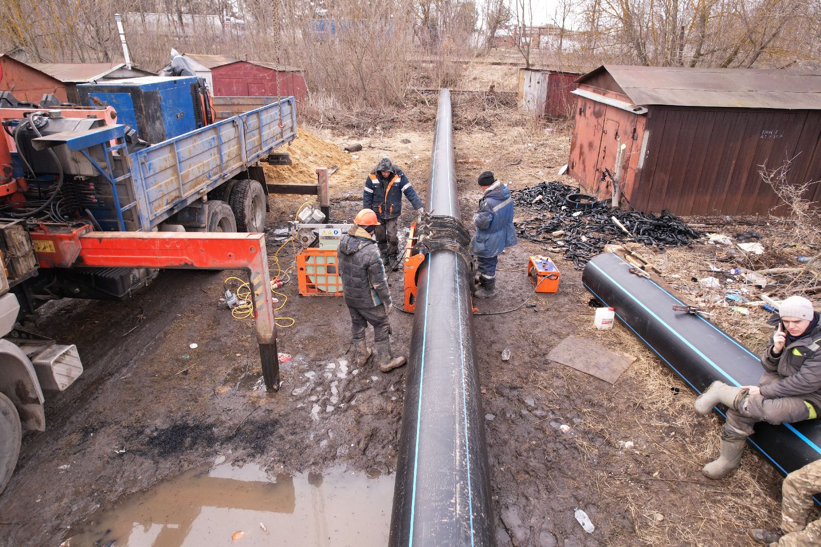 ремонт напорной канализационной сети, видео с коптера, кашира ремонт трубопровода,