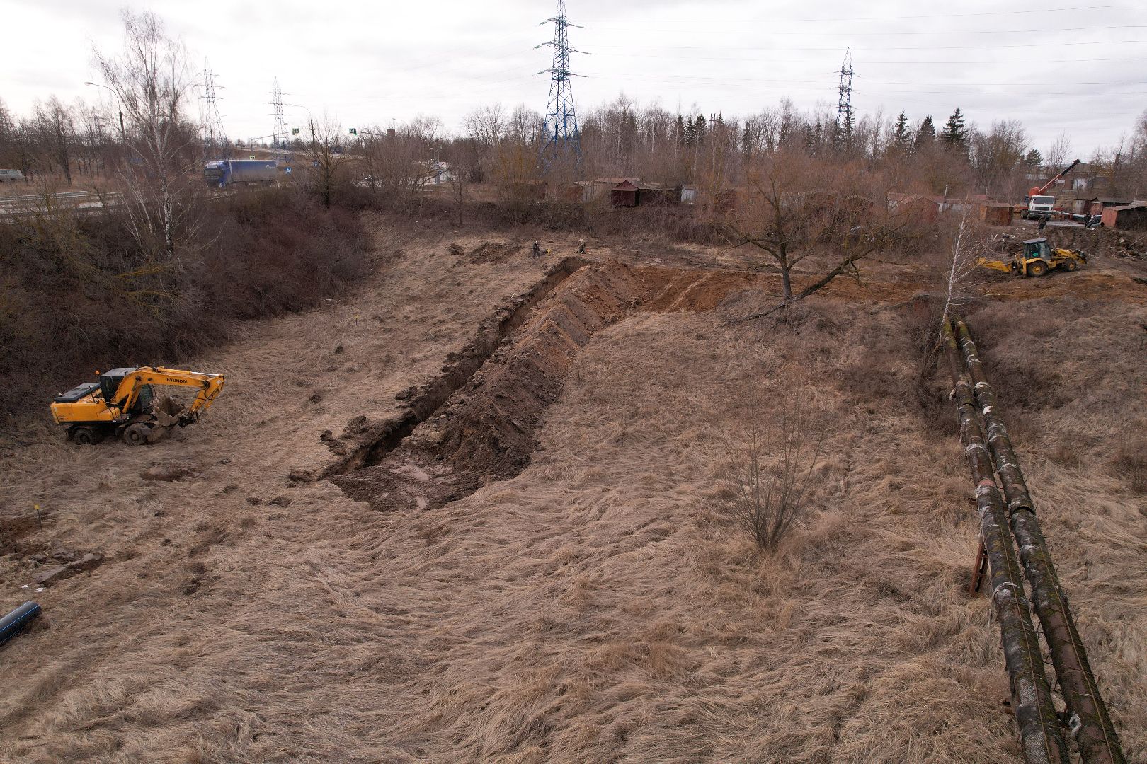 ремонт напорной канализационной сети, видео с коптера, кашира ремонт трубопровода,