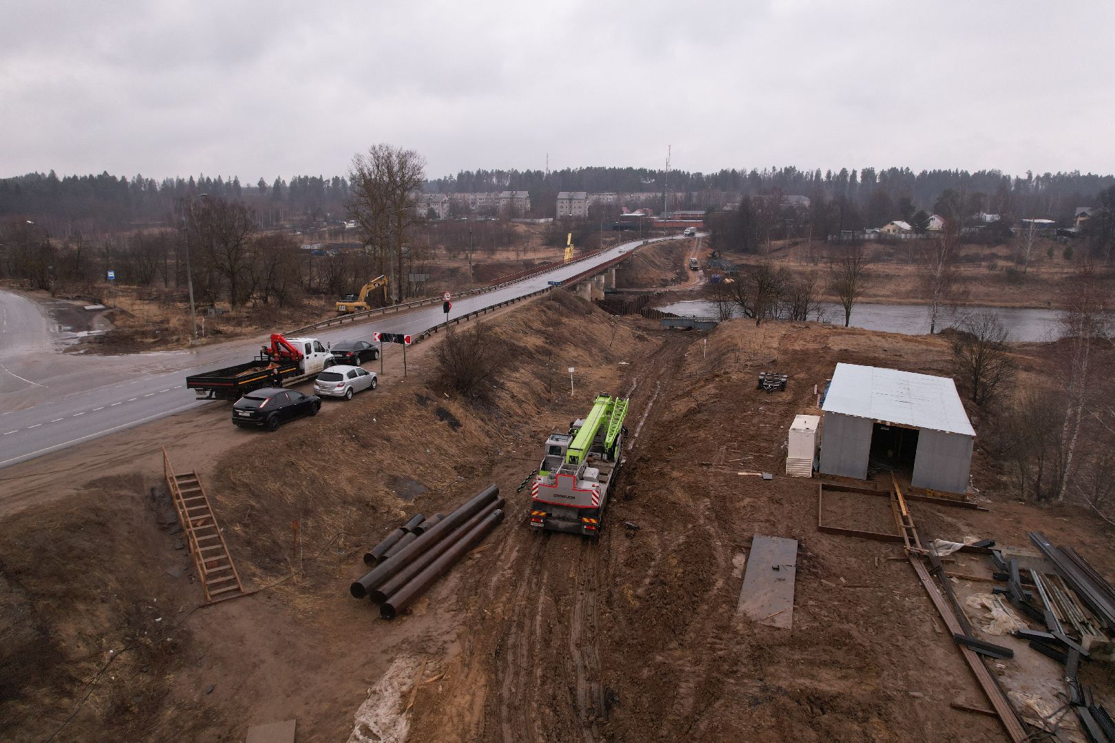 реконструкция моста в деревне Поречье, видео с коптера, ремонт моста в Рузе,