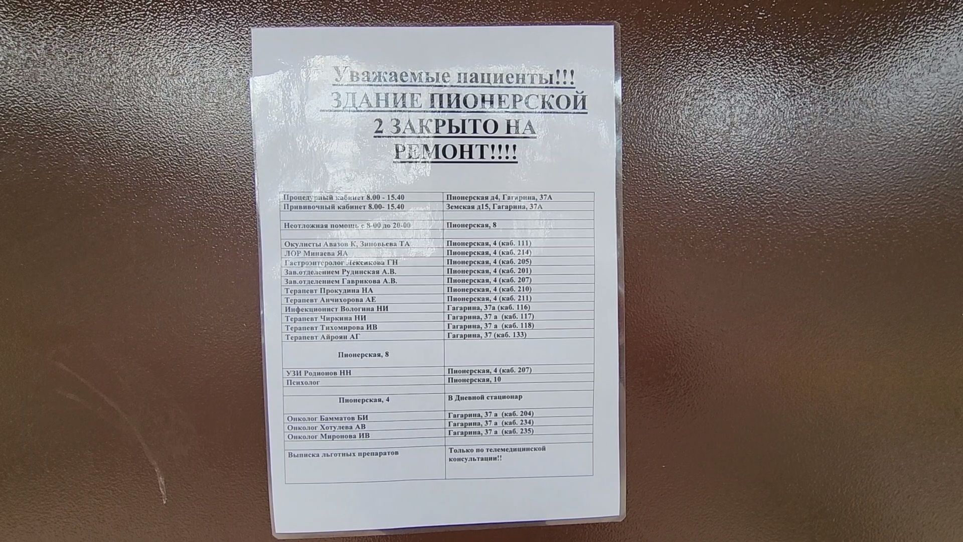 Чехов, взрослая поликлиника, ремонт, переезд врачей, новый адрес, кабинет прикрепления, кабинет вакцинации, ЭКГ, кабинет неотложной помощи,рентген-кабинет, часы работы,