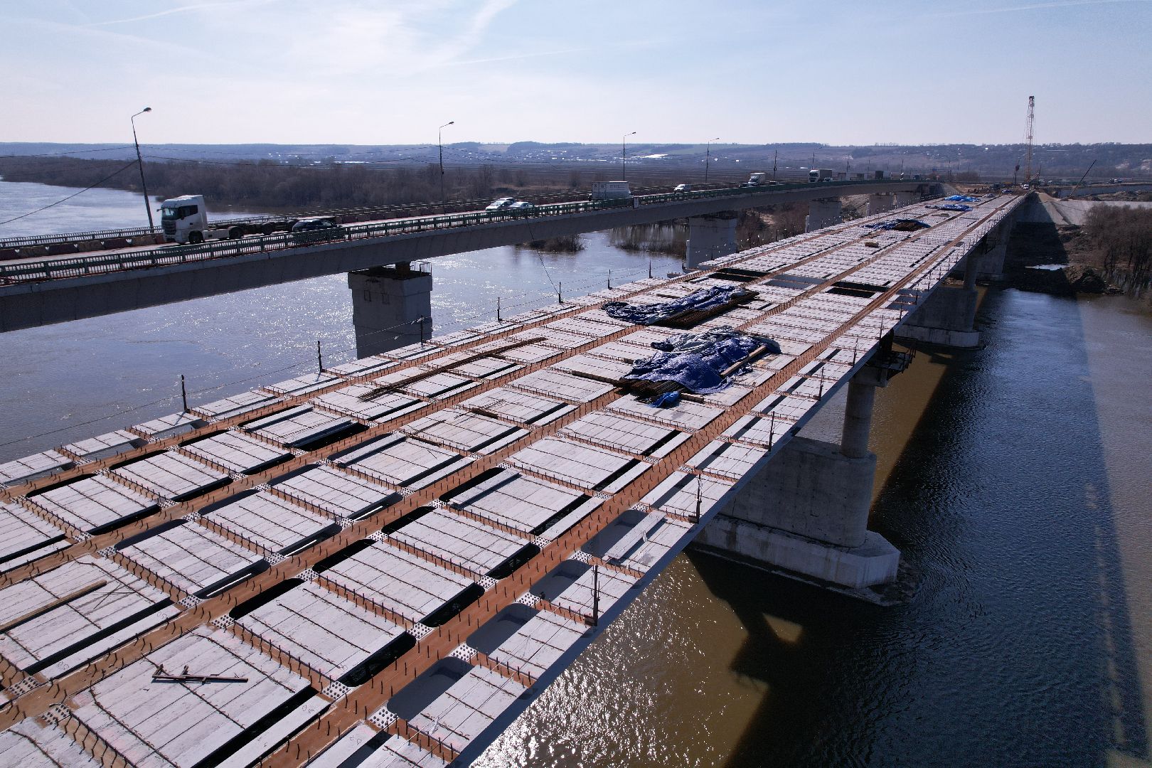 видео с коптера, мост Подольских курсантов, ремонт моста в серпухове,