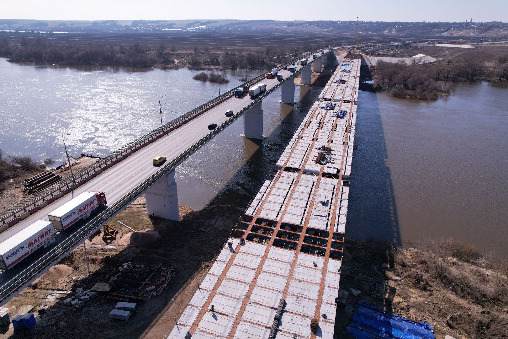 видео с коптера, мост Подольских курсантов, ремонт моста в серпухове,